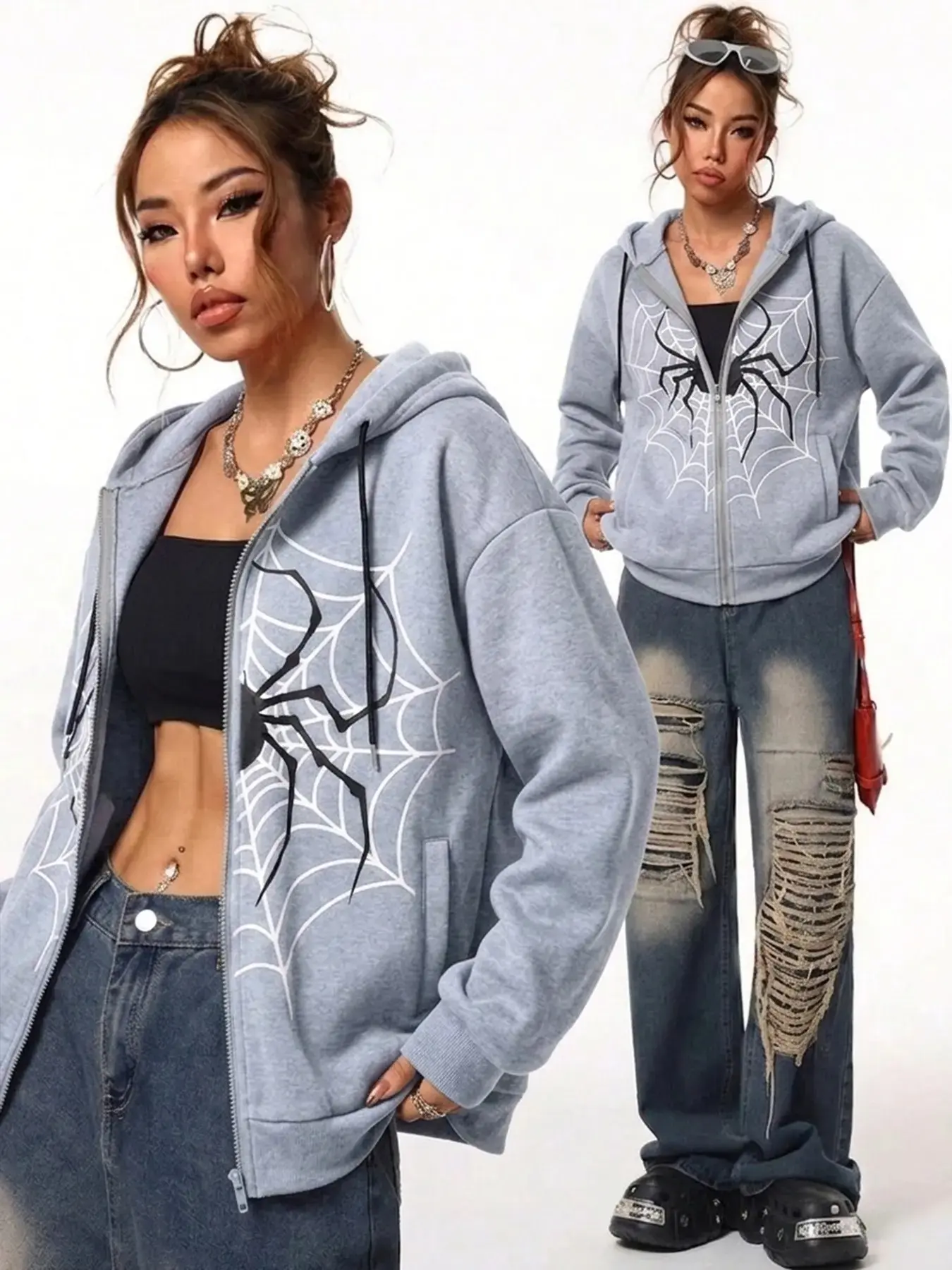 Subculture Spider Pattern Hooded Sweatshirt for Women, Street Style Baggy Loose-Fit Drop Shoulder Zipper Hoodie Jacket, Casual All over Print