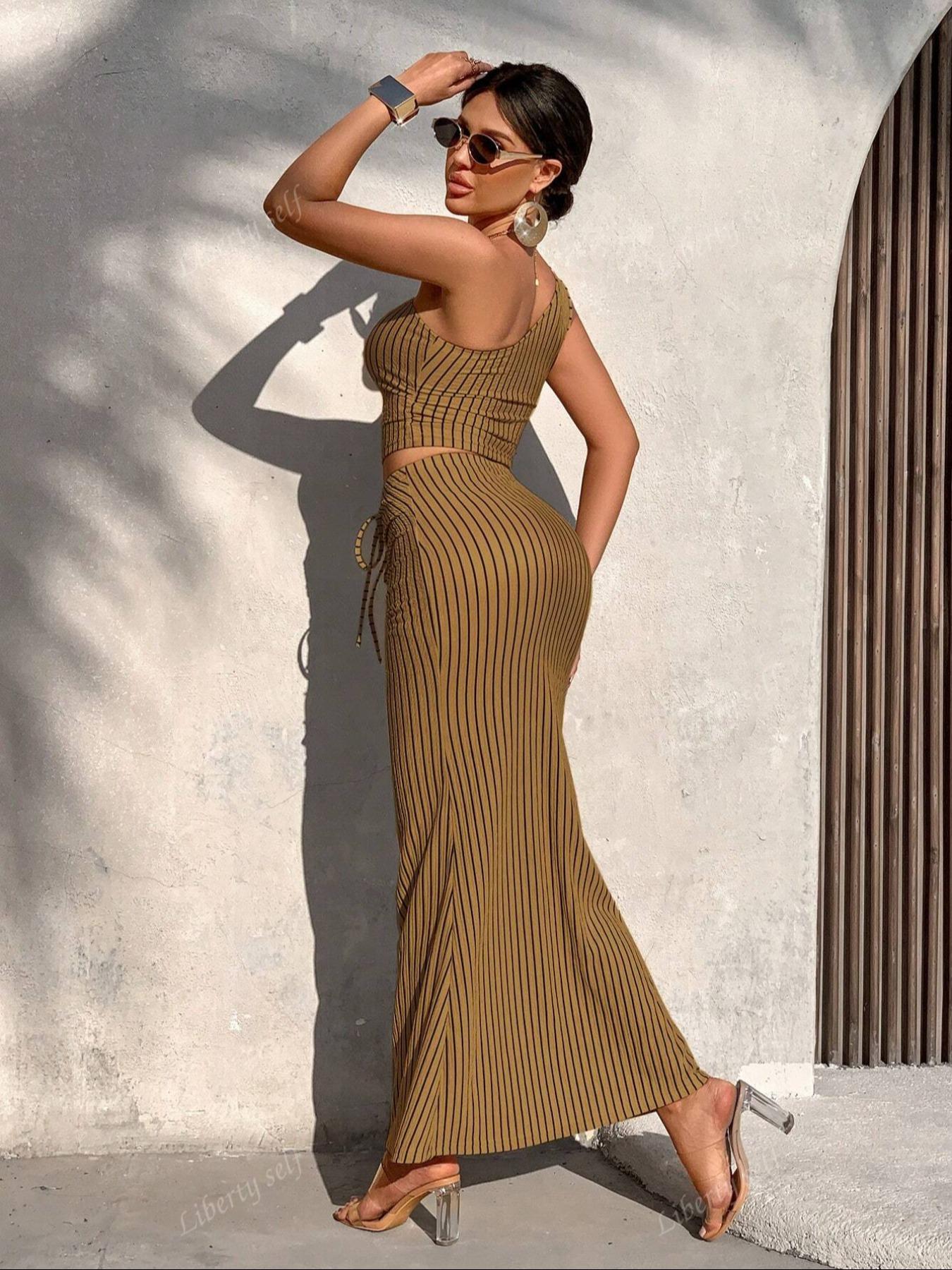 Women's Striped Print One Shoulder Crop Top & High Waist Skirt Set, Casual Fashion Cozy Two-piece Set for Daily Outdoor Wear, Women's Clothing for Summer, Lady Clothe, Womenswear, Sleeveless