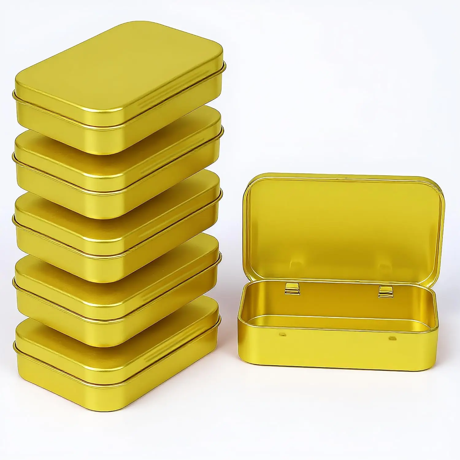 Small Metal Box With Lid-Cookie Tins Metal Tins With  Lens Wipes Storage Container Mini Portable Box,Empty Hinged Tin,For Organize Mint Candy Jar,Sewing (Golden, 6 count 3.7" x 2.4" x 0.9")