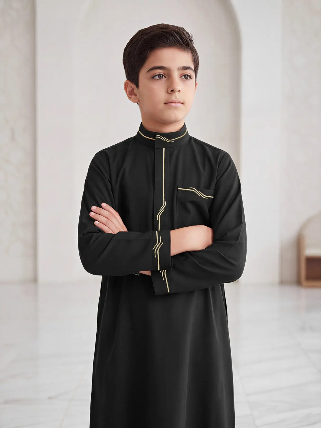 Arabian Boy Classic Thobe, Minimalist Embroidery, Stand Collar Button Front, Long Sleeve with Pockets, Ages 8-12, Arabic Clothing, Kids Clothing, Clothes