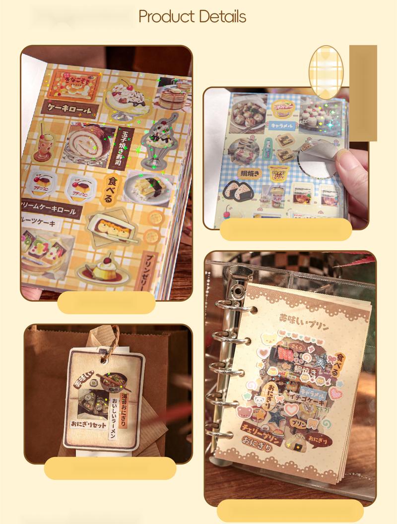 60 sheets/set, retro stickers, food theme, cute healing style, coated paper material, can decorate mobile phones, photo albums, water cups.