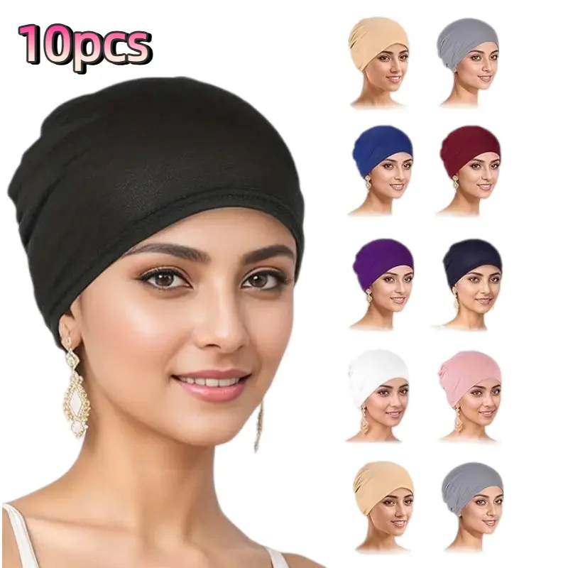 10pcs Pack Women' Chemo Hats - Pre-Tied Stretchy Breathable Turban Beanie & Head Scarf Cap Suitable for Hair Loss, Chemotherapy,, Comfortable Skull Cover Cap for Post-Surgery, Daily Wear