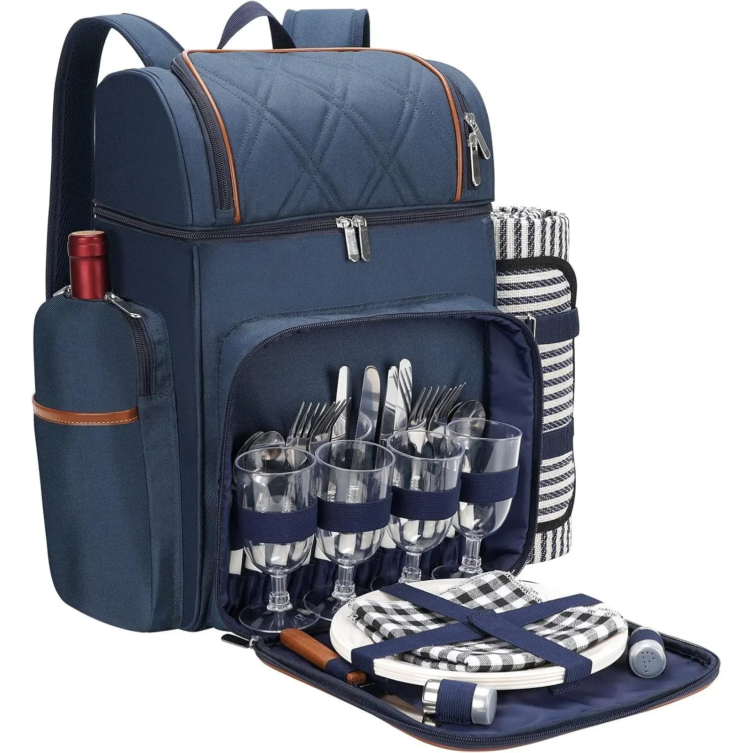 Leakproof Insulated Double Deck Picnic Backpack for 4, Portable Picnic Basket Set with Cooler Wine Pouch & Picnic Blanket, Navy Blue Cooler Backpack for Beach Camping Park