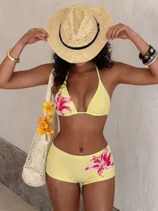 Vintage Yellow Pink Lily Stretch Jersey Halter Triangle Tie Bikini Top & Swim Bottom,Womens Tropical Flower Print Mid Waist 2 Piece Bathing Suit,Summer Beach Resort Vacation Poolside OOTD Swimsuit,Breathable Quick Dry Swimwear,Floral Print Bikinis