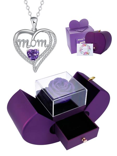Apple Shape Rose Jewelry Gift Box With Love Heart Mom Pendant Necklace, Anniversary Birthday Jewelry First Mom Gifts for Women Wife, Mother's Day Jewelry Gift for Mom Heart Design Necklace
