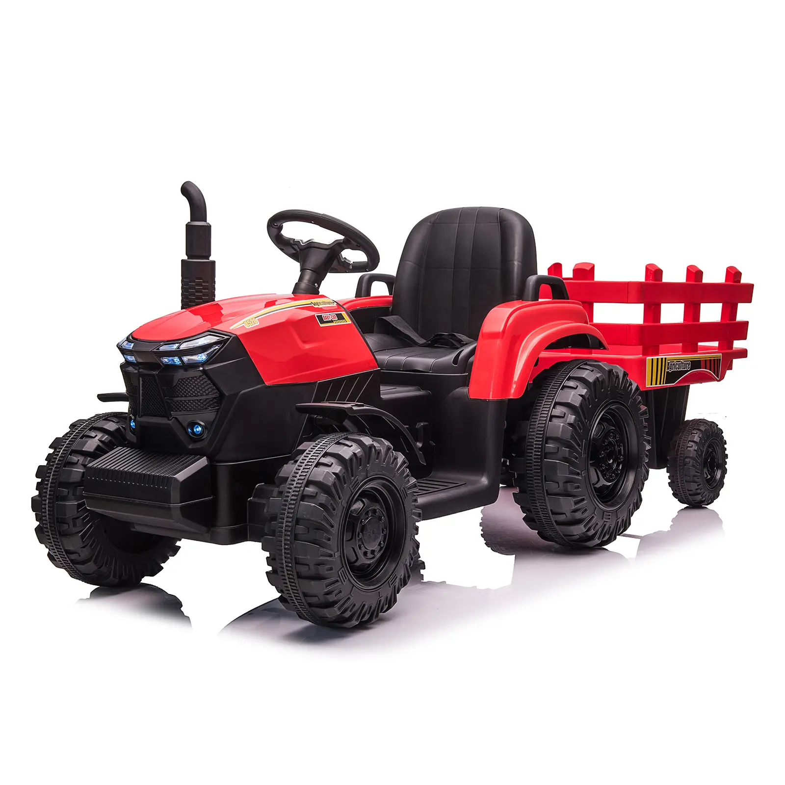 12V Kids Electric Ride On Farm Tractor with Removable Trailer, Dual Motors 3 Speed Forward Reverse, LED Headlight MP3 USB Music, Outdoor Toddler Farm Vehicle Max 66LBS