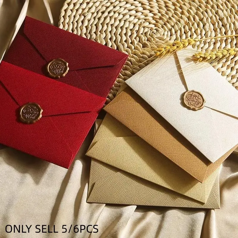 5pcs/6pcs Linen Texture Card Envelopes Stationery Set, Vintage Leather Special Paper Invitations, Ideal for Handmade Gifts, Wedding Invites, Office Use