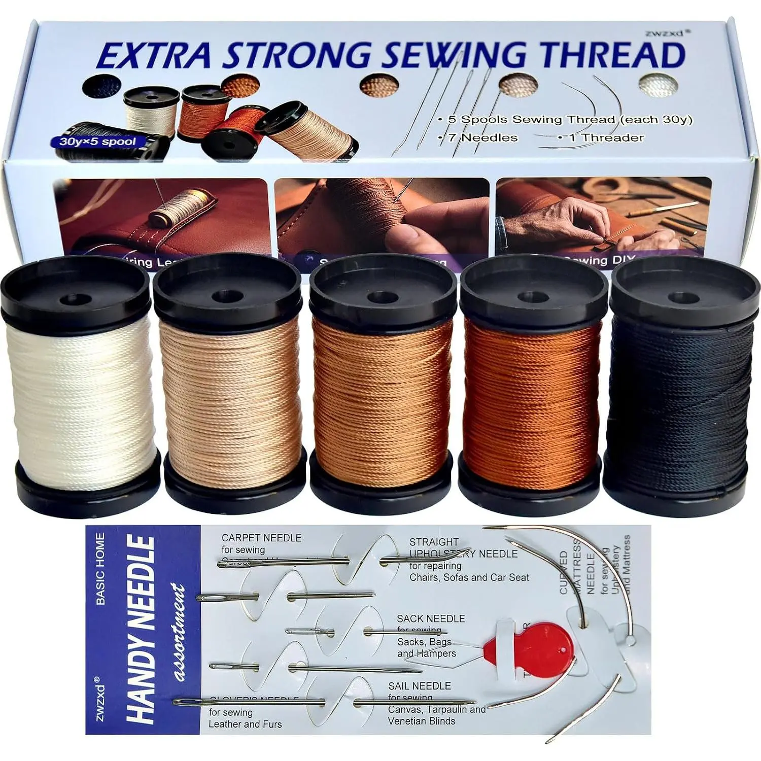 Upholstery Repair Sewing Kit and Hand Needles, Including 5 Rolls Nylon,7 Styles of Canvas Sewing Needles and 1 Needle Threader