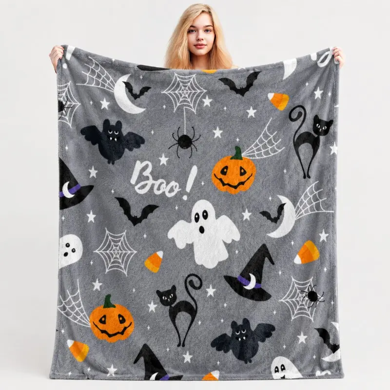 Halloween Flannel Throw Blanket – Featuring pumpkins, ghosts, spiderwebs, witch hats, black bats, and cats; warm, cozy, and fun bedding suitable for children, boys, girls, and women; size 40 x 50 inches.