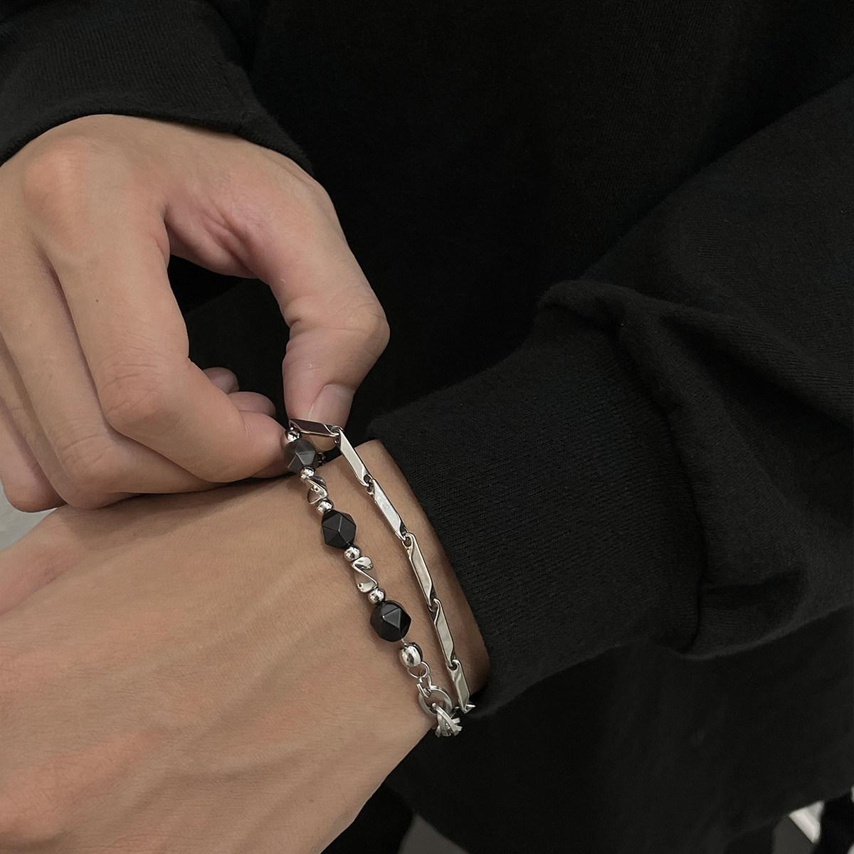 Obsidian & Titanium Steel Double Layer Bracelet |     Light Luxury Premium Men's Hand Jewelry, Unique Minimalist Style, Couple Bracelet
