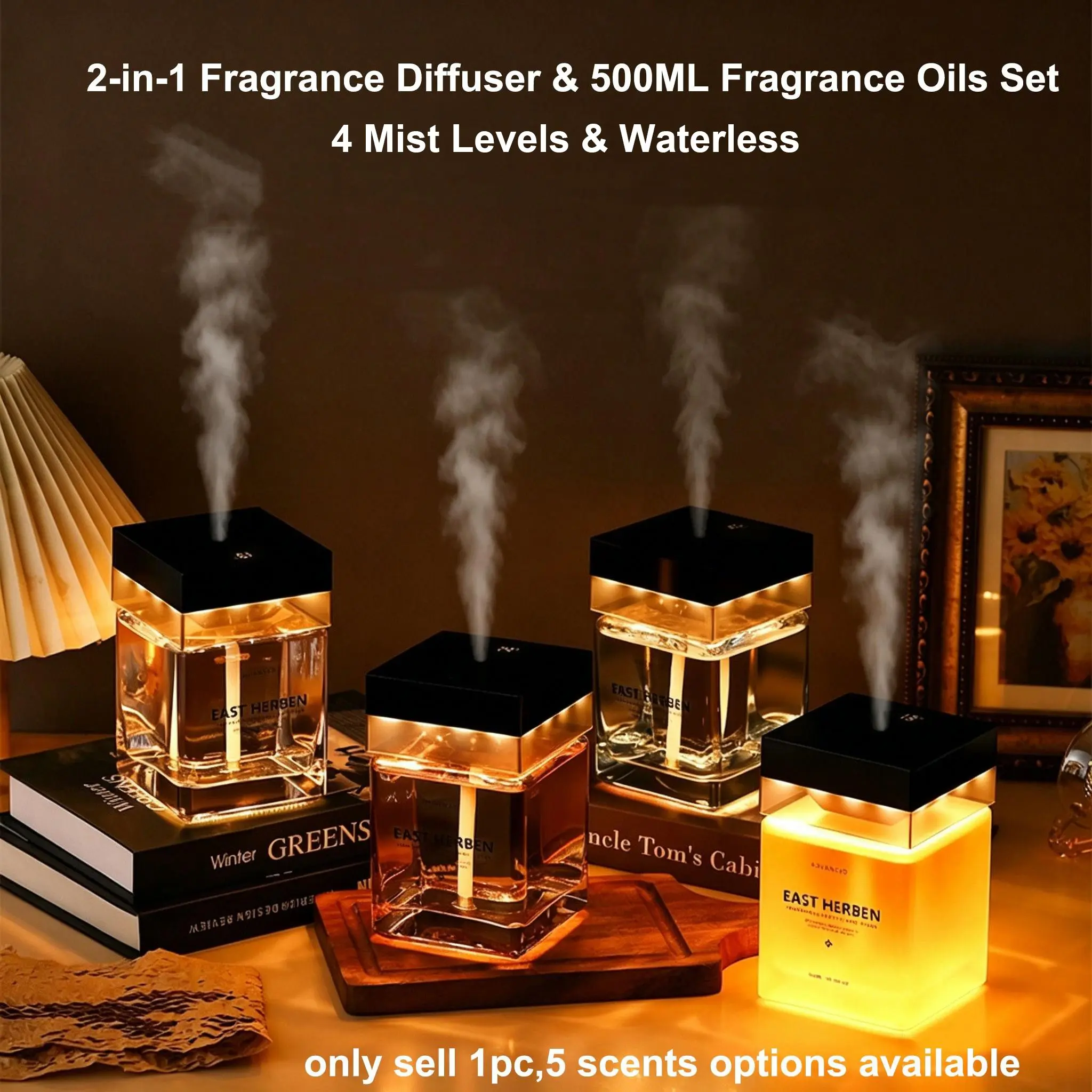 2-in-1 Fragrance Diffuser & 500ML Fragrance Oils Set,4 Mist Levels,Low-Noise Smart Scent Control with Warm Light for Home,Office, Bedroom, Fresh Tea,Floral,Woody Fragrance Air Freshener, Ultrasonic Diffuser, Aromatherapy Diffusers, Gift Idea