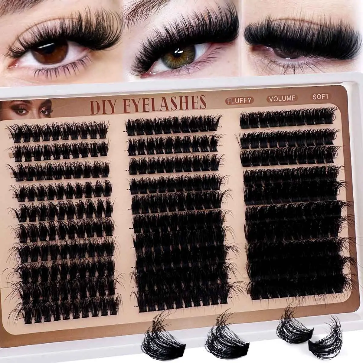 300pcs/240pcs/170pcs Russian Lash Extensions Kit 60D+80D+100D/100D+120D+160D/160D+200D+300D 3D Volume Eyelash Clusters D-Curly 10-18MM DIY Eyelash Extensions, Individual Lash Clusters, Diy Cluster Lashes, Multi-Type Natural Look, Reusable