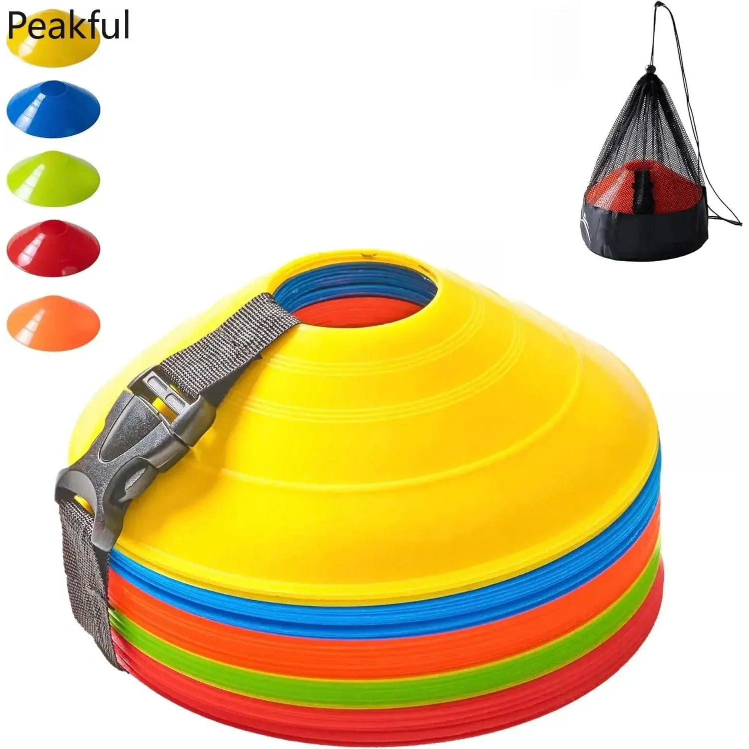 Multi-Sport Training Cone Set,popular bendable polypropylene markers paired with handy mesh tote for easy transport.Flexible rebound design and wide application range,basketball boundary marking and daily personal sports practice