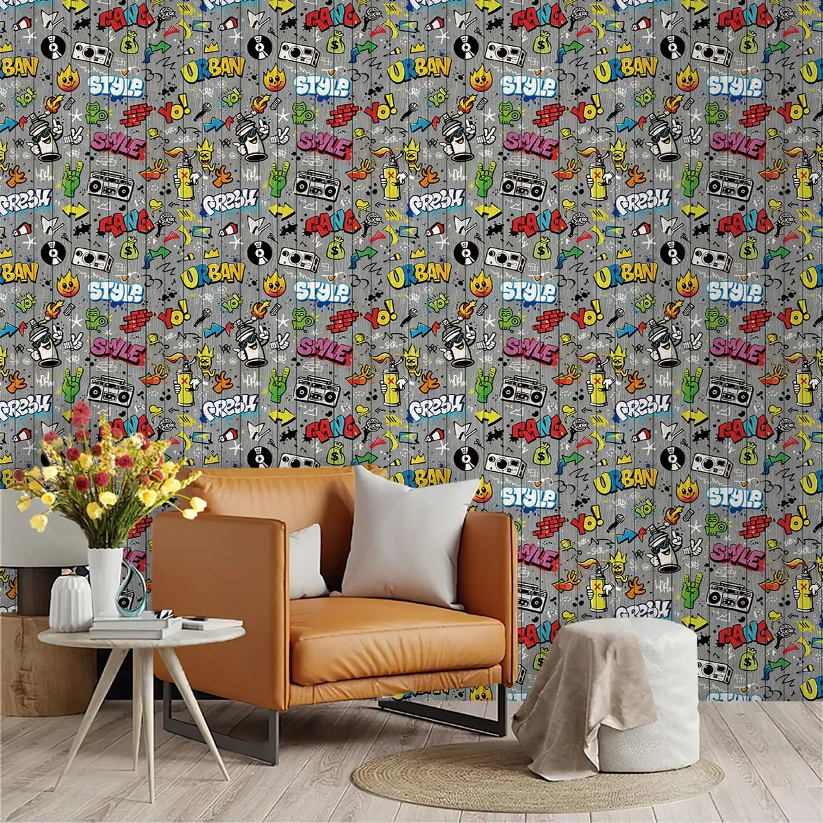Hip-Hop Street Graffiti Wallpaper, Blue Classic Colors, PVC Material, Moisture-Proof, Living Room Decor, Easy Peel-And-Stick