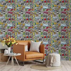 Hip-Hop Street Graffiti Wallpaper, Blue Classic Colors, PVC Material, Moisture-Proof, Living Room Decor, Easy Peel-And-Stick