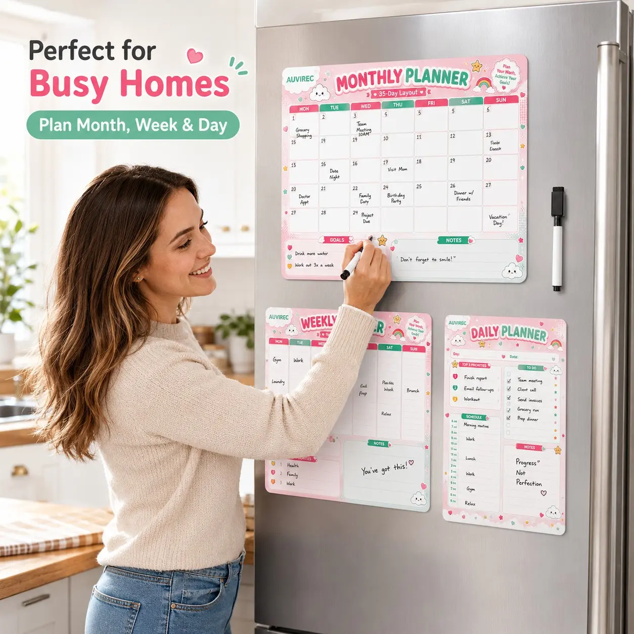Auvirec 3-Piece Set Macaron Style Reusable Dry Erase Calendar Planner Kit, Pet Material, Includes Marker, for Home Office Kitchen