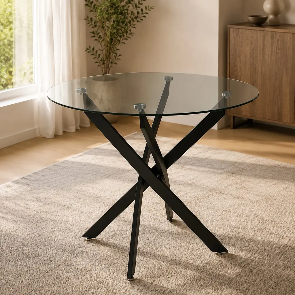 35.5in Round Tempered Glass Dining Table, Modern Minimalist Black Powder-Coated Metal Legs, Compact 4-Seat Kitchen Table for Small Spaces, Dark Glossy Finish