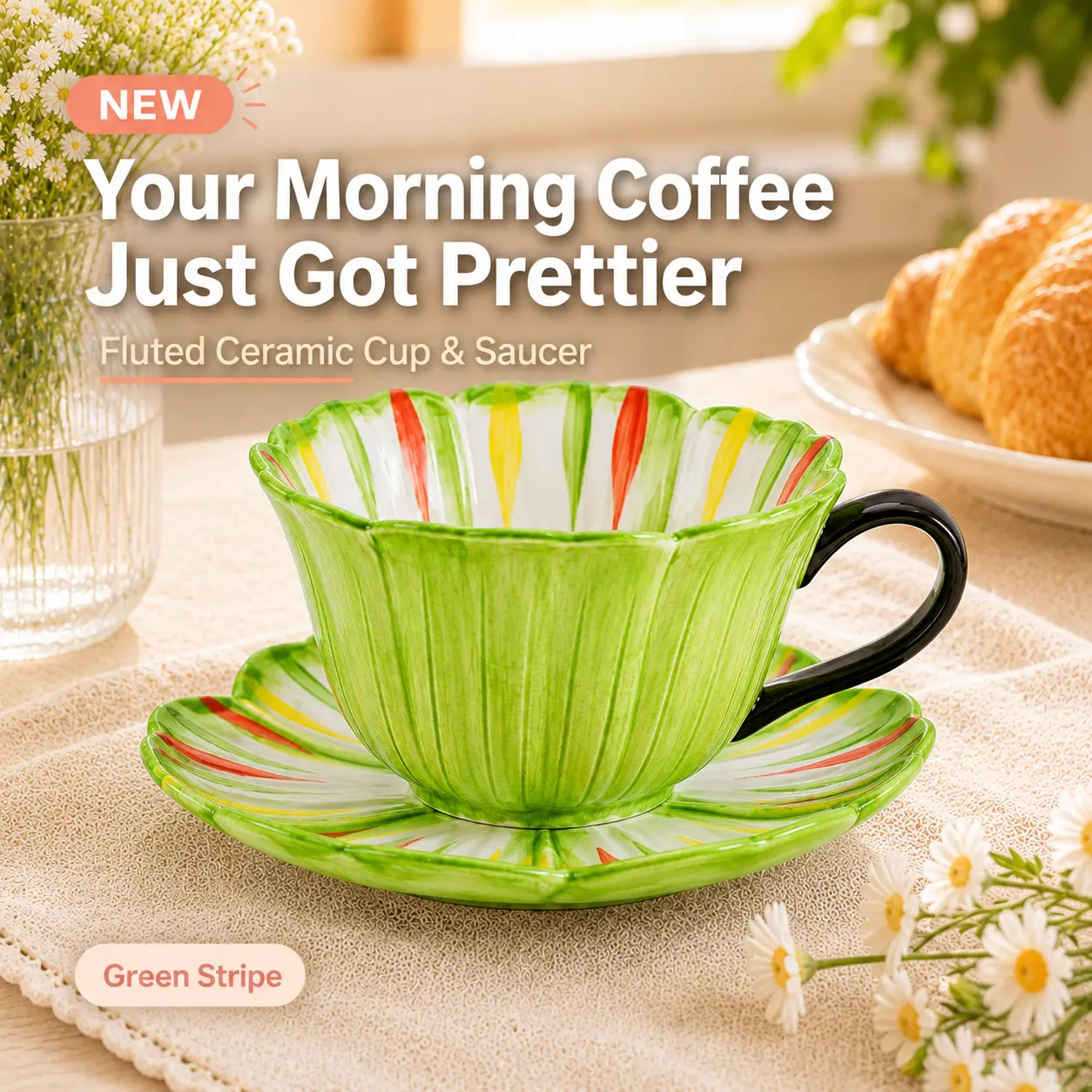 Rainbow Green Ceramic Fluted Cup and Saucer Set with Black Handle, 8.8 fl oz Coffee Tea Cup, Microwave and Dishwasher Safe