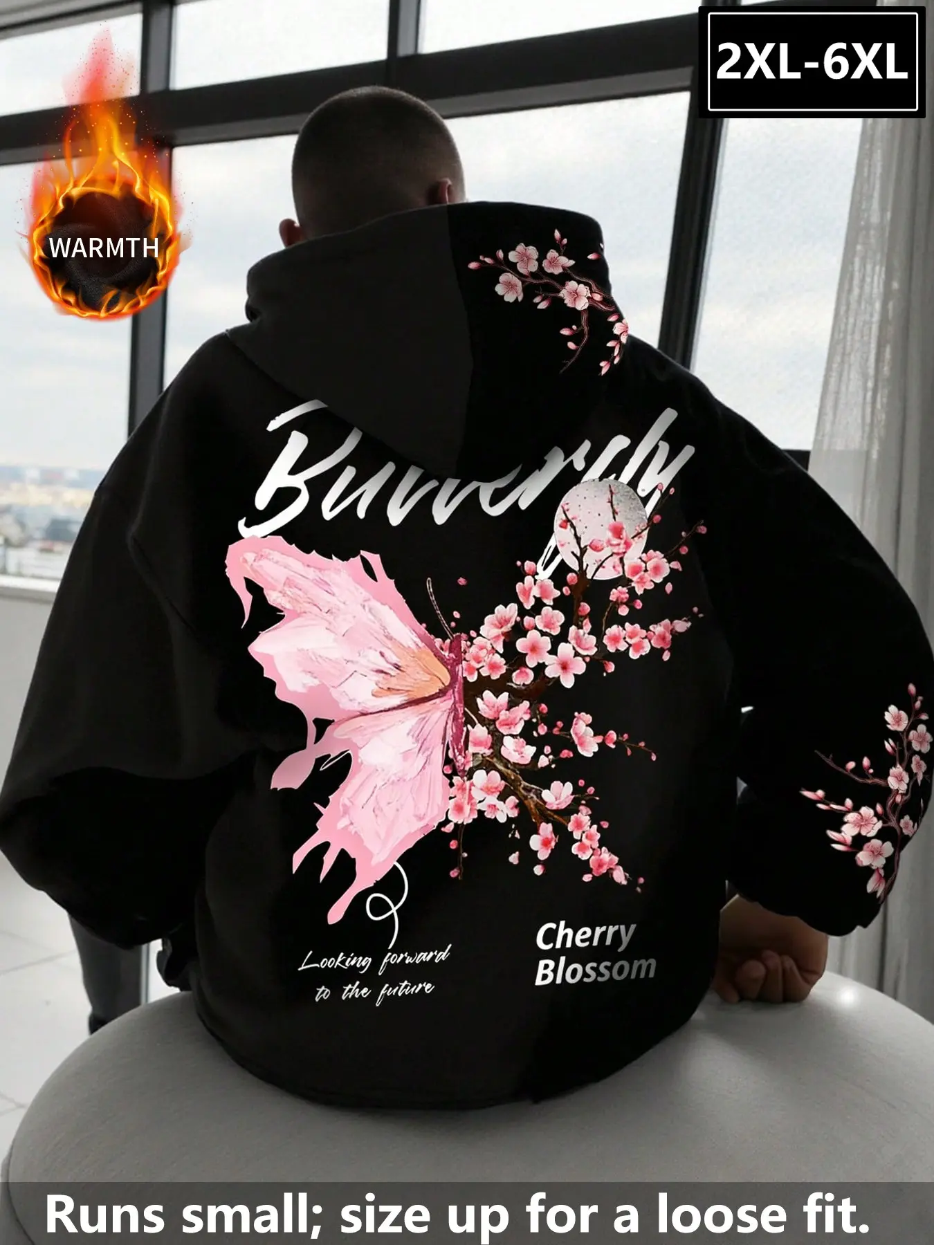 Men's 2xl-6xl Butterfly Cherry Blossom Art Print Hoodie, Fleece Lined Back Art Print Pullover, Loose-Fit Streetwear Top