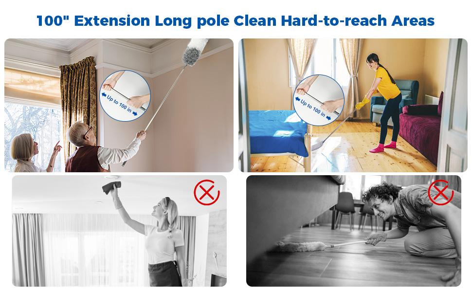 9Pcs Dusters for Cleaning Kit, Extendable Microfiber Duster Tools with 100" Long Pole, Retractable Gap Bendable Dust Cleaner, Reusable Washable Cleaning Supplie for Ceiling Fan Furniture Cars and Home