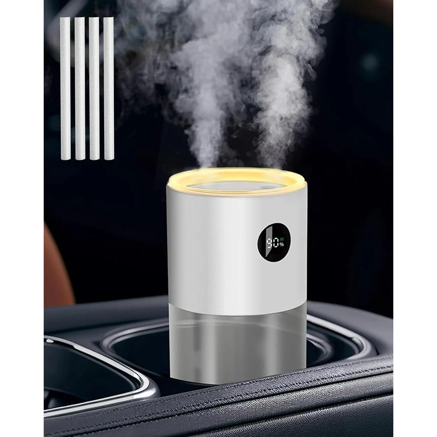 Portable Mini Humidifier with 3000mAh Rechargeable Battery, Digital Display, Dual Spray, 2-4H Timer, 20dB Quiet, Night Light – Ideal for Car Cup Holder, Baby Kids Bedroom, Office, Desktop & TravelGift