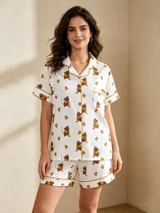Adorable Mouse Cheese Summer Pajamas Set, Cartoon Pattern Button Front Two-Piece Sleepwear, Soft Comfortable Women's Pajamas, Animal Casual Gift