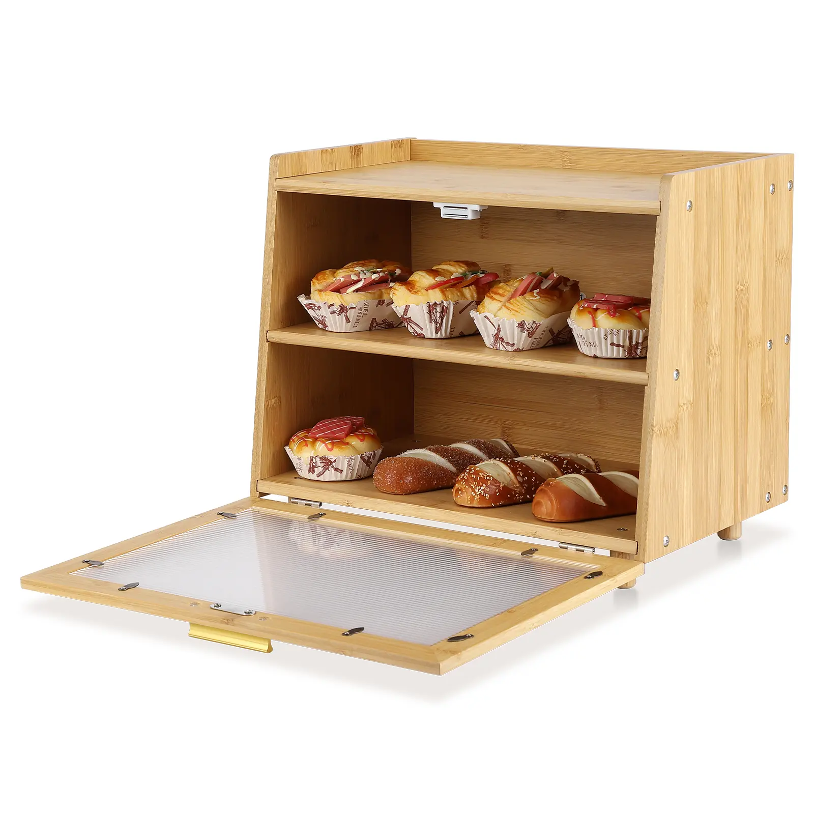 Double Layer Bread Box for Kitchen Counter, Large Capacity Bread Box, Bamboo Bread Storage Container, Farmhouse Bread Storage Bin with Acrylic Clear Window and Hinge Door