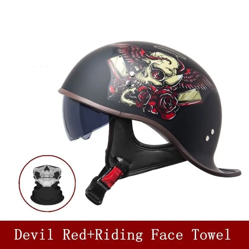 Vintage Fashion Motorcycle Helmet Half Helm, All-Season American Cruiser Bike Riding, Unisex Safety Helmet for Men and Women