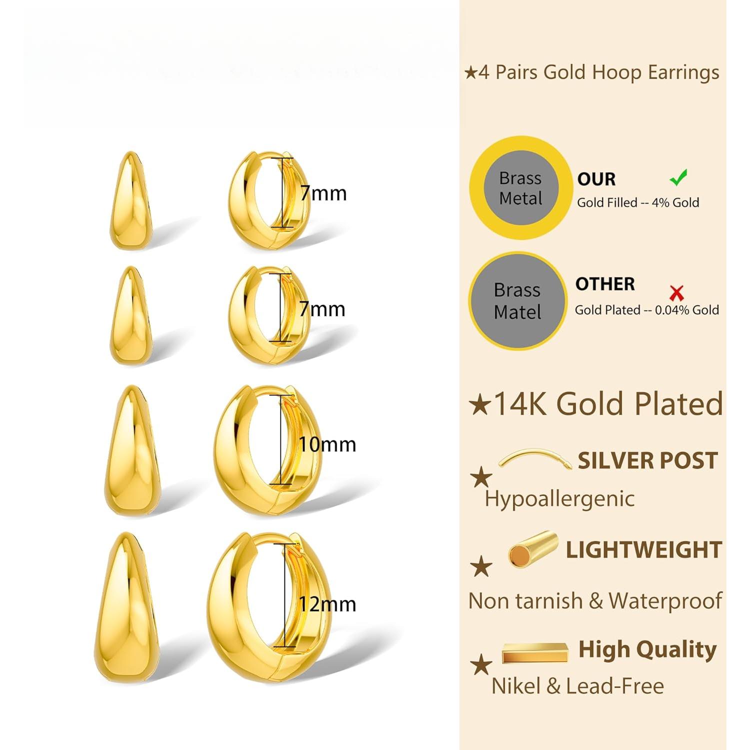 4 Pairs  Hoop Earrings Set for Women Trendy, Chunky Huggie Hoop Earrings 14K  Filled/  Small Thick Cartilage Hoop Earrings Stack for Multiple Piercing