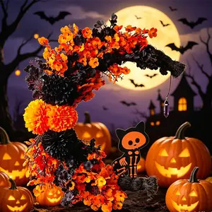 A Gothic Halloween decoration: orange skull cat moon wreath, autumn-colored flowers autumn wreath, suitable for Thanksgiving harvest season home decoration