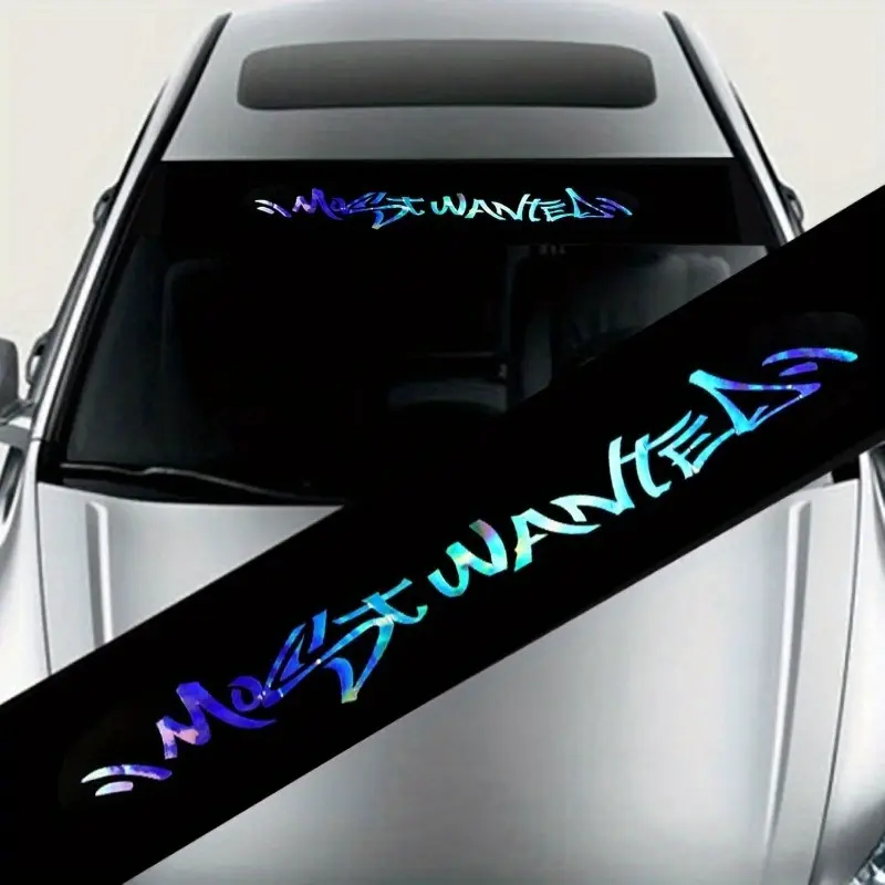 Car Front Windshield Stickers- Reflective "MOST WANTED" Graffiti-Style Decals Featuring Blue And Purple Holographic Colors- Made from Durable PVC, Suitable for Vehicles(51.18X8.27inch), Perfect for Vehicle Decoration, in a Graffiti-Style Fon