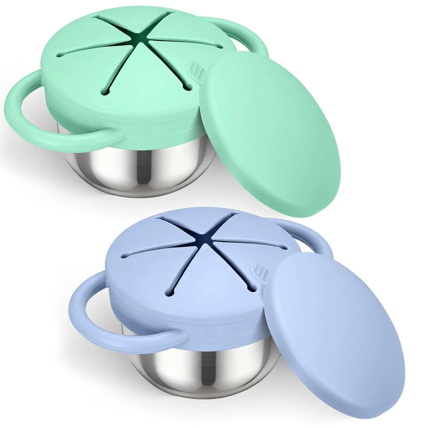 Toddler Snack Cups Stainless Steel for Kids, 2Pack 3-in-1 Snackle Containers with Spill-Proof Silicone Lids,Handles, Metal Baby Snack Box No-Spill for On-The-Go, Travel - Green and Blue