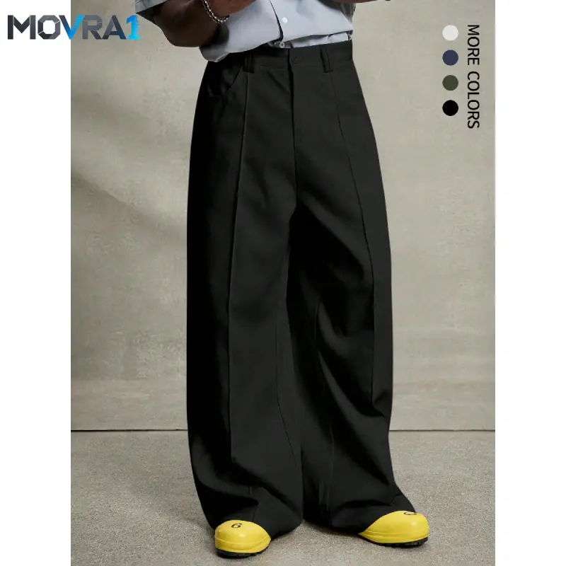 Men's MOVRA1 Casual Wide-Leg Plaid Stripes Pants - Loose-Fit Button Trousers with Pocket Detail, Lightweight Machine Wash All-Season Versatile Fashion Bottoms