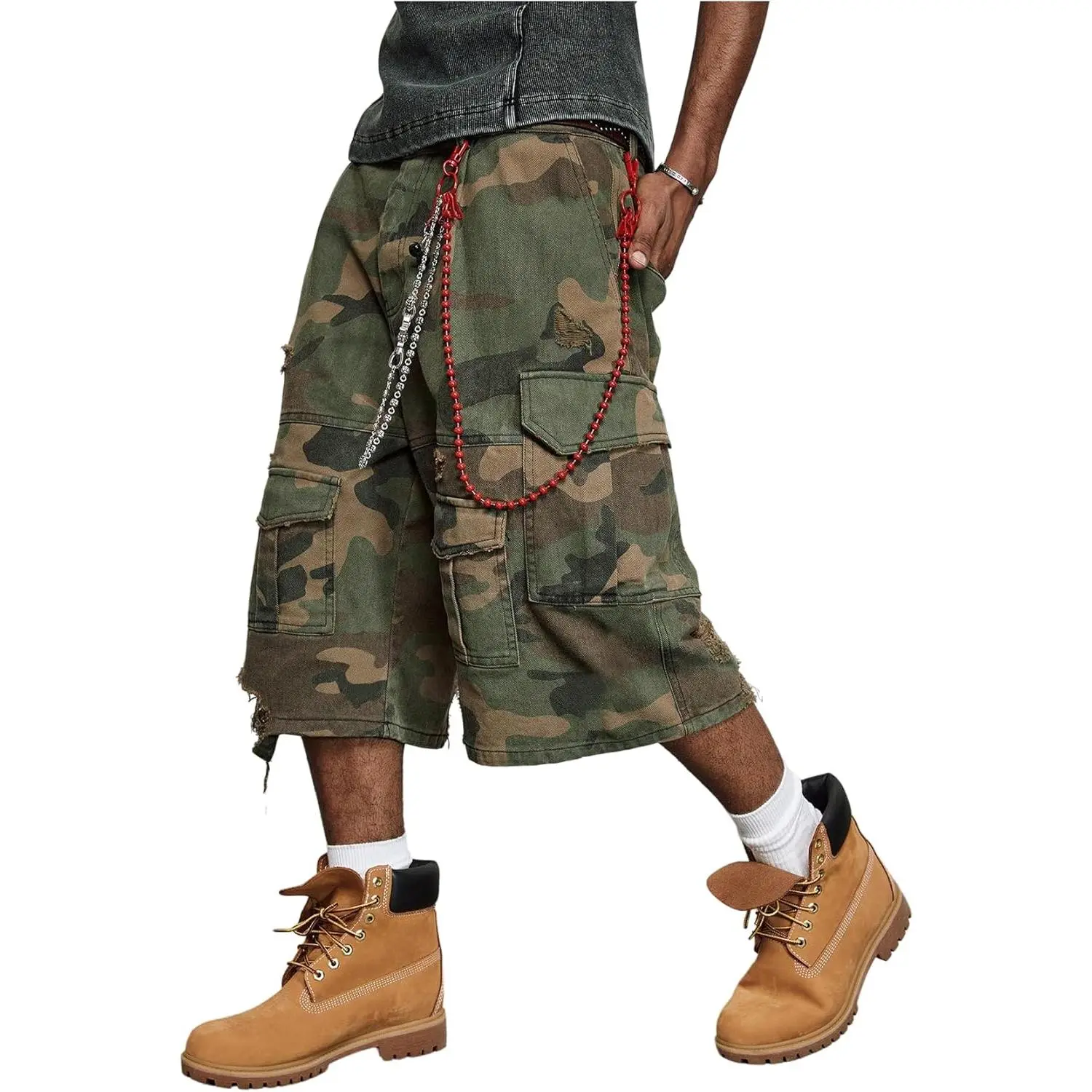WDIRARA Men's Camouflage Soft Cargo Denim Shorts - Baggy, Distressed, Wide Leg Capri Jorts - Fashion Menswear Streetwear, Casual, Loose