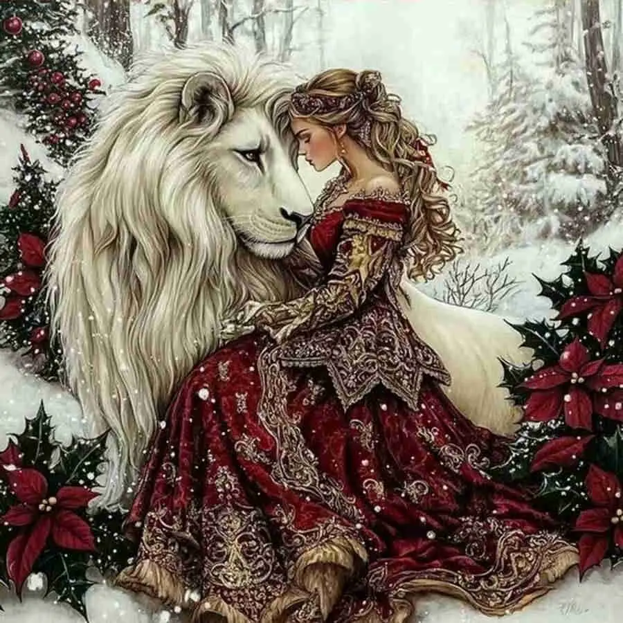 Winter Fantasy Princess with White Lion Diamond Painting Kit, Christmas Forest Beauty and the Beast Art, High-Quality Full Drill Round & Square Rhinestone Mosaic, 5D DIY Handmade Cross Stitch Home Wall Decor, Diamond Pattern Design Crafts