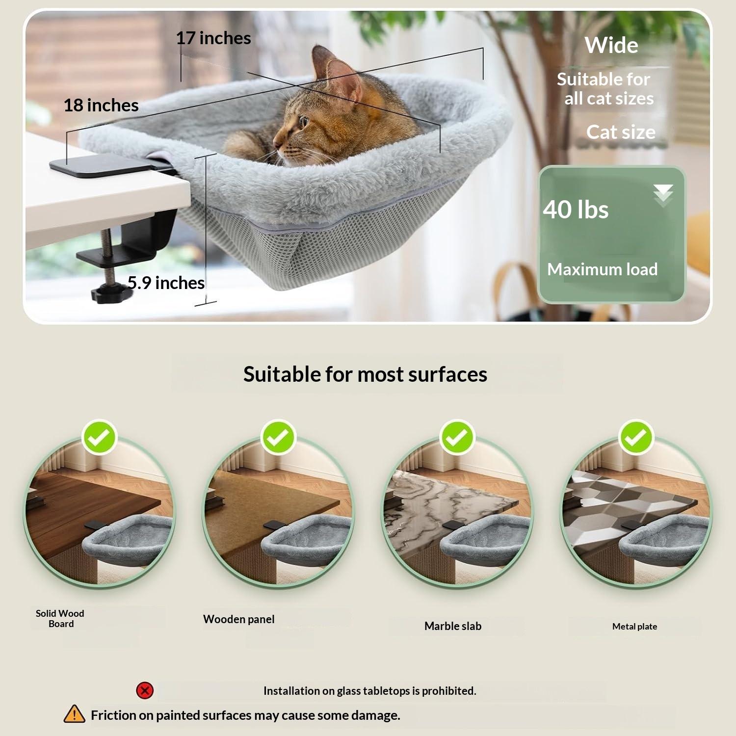 Under Desk Cat Hammock - Clamp On Cat Bed for Desk Edge, Durable Steel Frame Pet Perch, Easy to Clean Removable Cushion for Work-from-Home Pet Owners