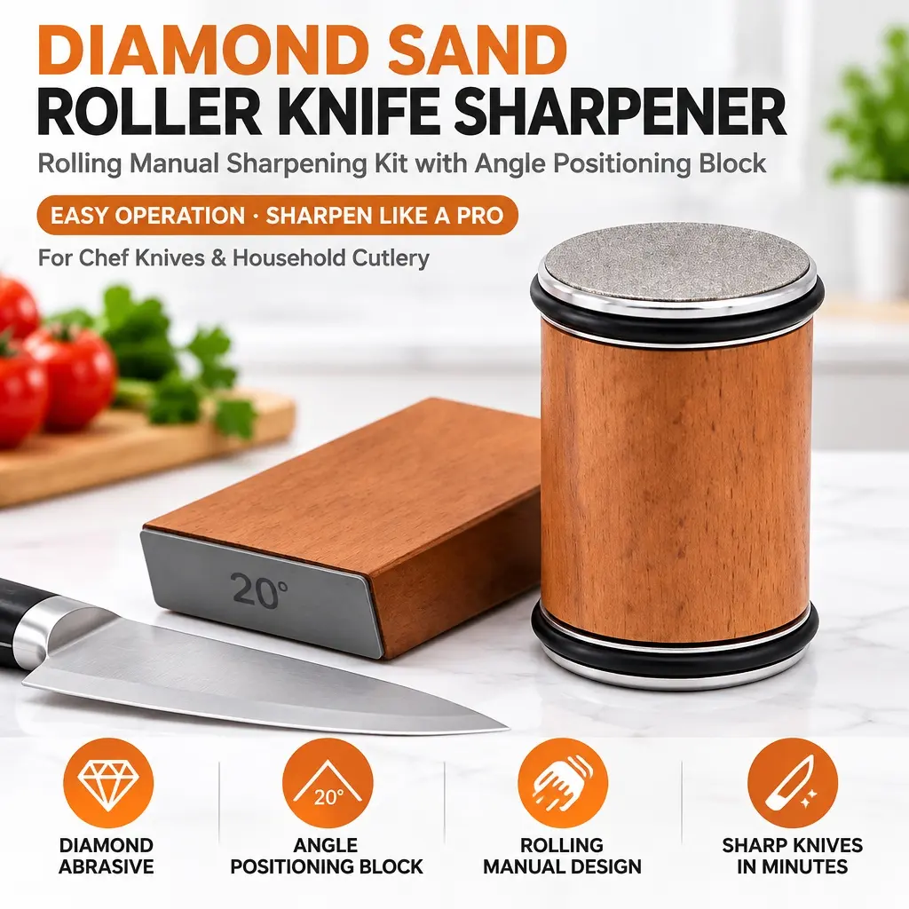 Diamond Sand Roller Knife Sharpener, Rolling Manual Sharpening Kit with Angle Positioning Block, Easy Operation Kitchen Tool for Chef Knives & Household Cutlery