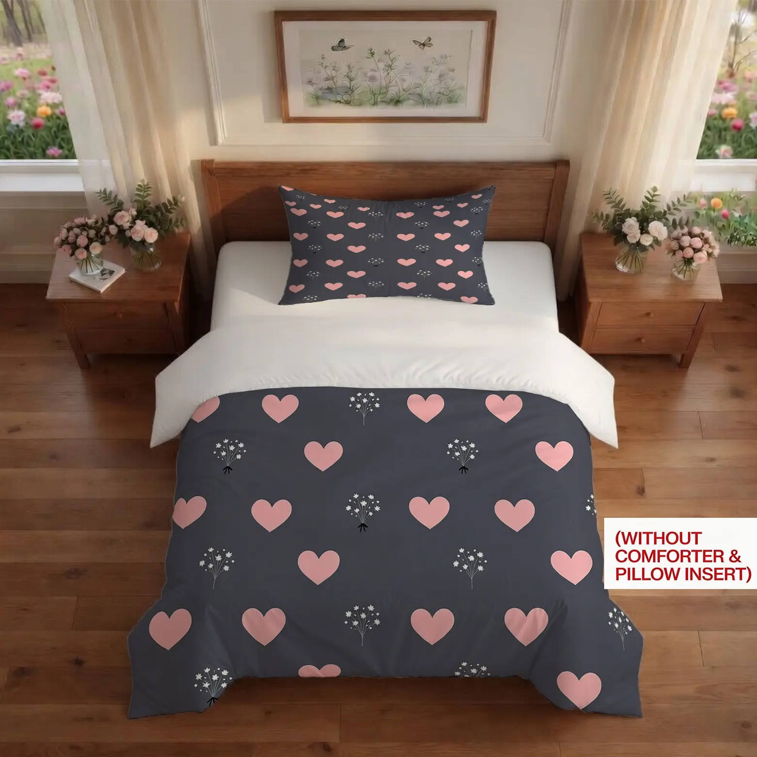 Heart & Floral Print Duvet Cover Set, 2/3 Pieces (1 Duvet Cover + 1/2 Pillowcases, No Comforter or Pillow Insert Included), Sweet Romantic Style, Ideal for Girls' Bedroom Decor, Perfect Birthday or Graduation Gift