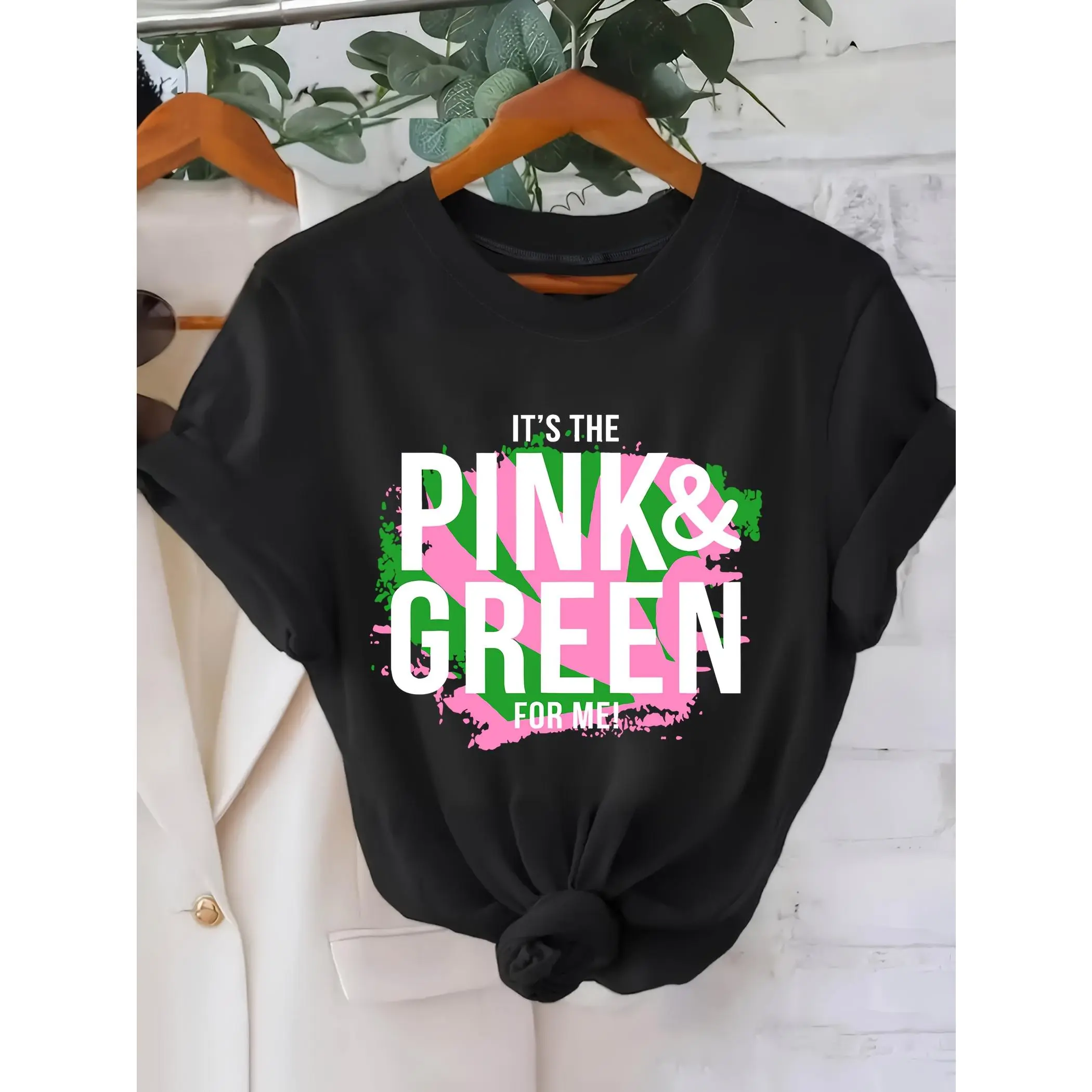 IT's THE PINK & GREEN for ME! Women's Casual Short Sleeve T-Shirt - Vibrant Green with Pink & Green Splash Print, Round Neck, Regular Fit, Breathable Fabric, Machine Washable for Spring/Summer, Summer Top, Playful Design, Comfortable Fit, Seasonal Clothin