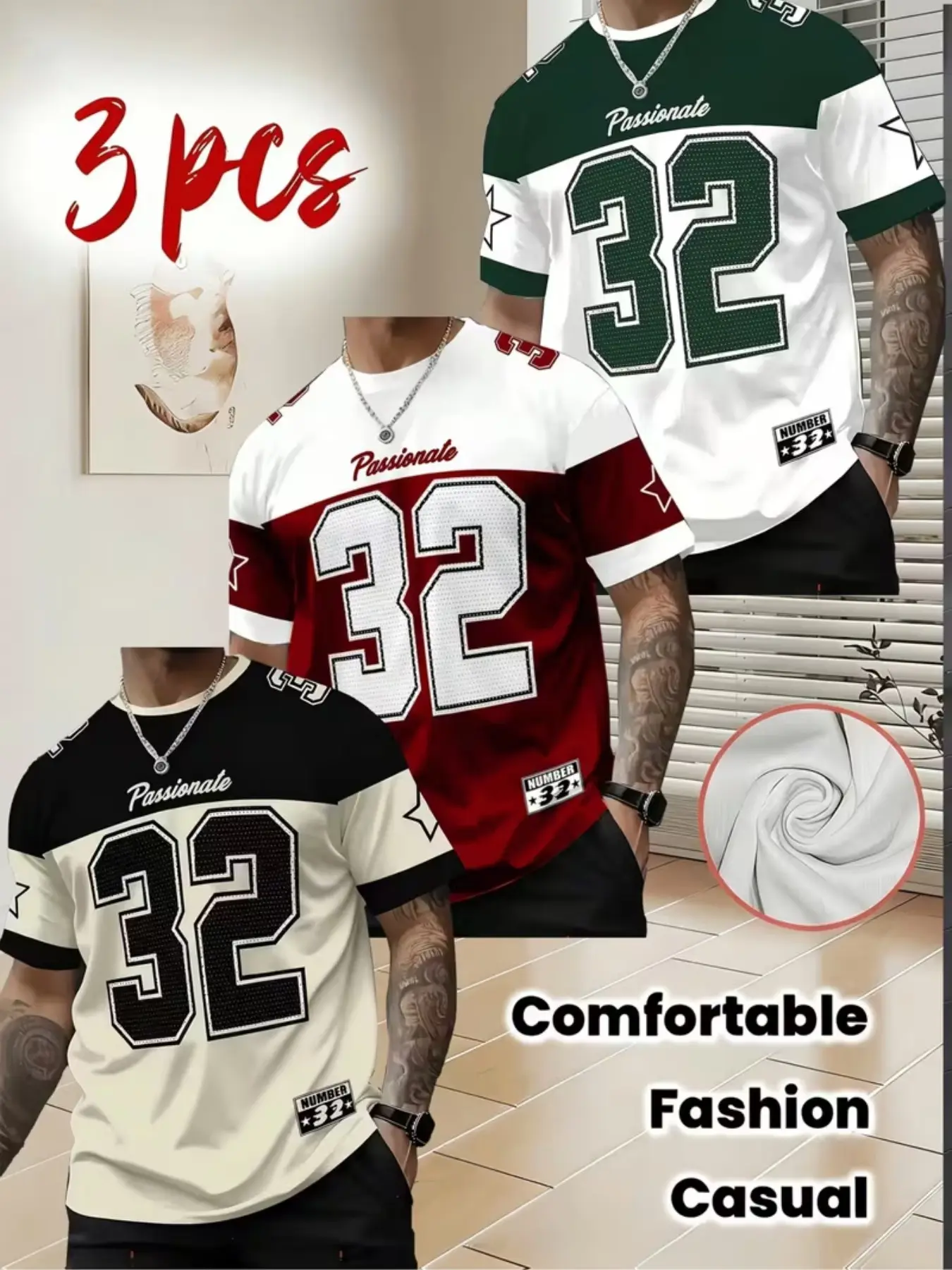 3-Pack Men's Printed T-Shirts, Quick-Dry Round Neck, Number 32 Design, Breathable Streetwear, Gym, Casual, Running T Shirts
