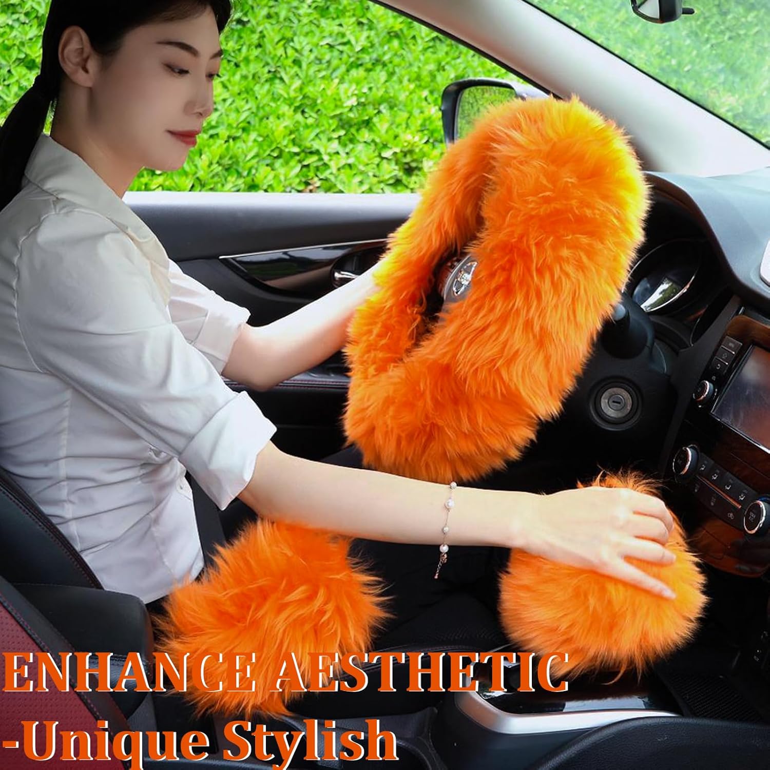 Fuzzy Genuine Sheepskin Steering Wheel Cover Set for Women Parents-uffy Soft Australian Merino   Wrap with Gear Shift and Hand  Covers, Cozy Stylish Luxury Girl  Accessories ()