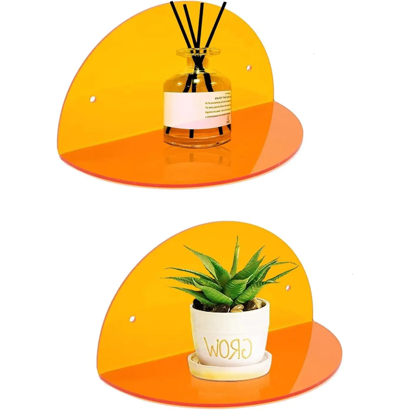 Small Acrylic Shelves Room Decor Floating Shelves (2-Pack, 8-inch Diameter) - Wall Mounted Display Stand for Plants, Toys, Makeup, and More - Ideal for Home and Office, Orange