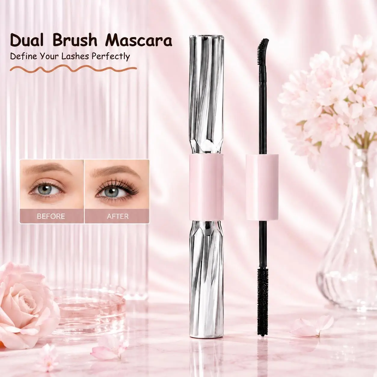 Black Mascara Dual Brush,Clump-Free & Smudge-Proof Curling, Lengthening & Natural Volume,  Separated Lashes,Buildable Formula, for Fine Short Lashes & Older Women,  Defines Every Lash for Mature Women