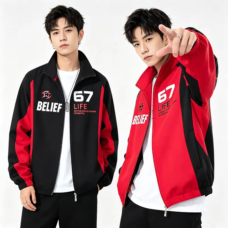Men's Black-Red Contrast Color Block Graphic Printed Zip-Up Track Jacket - Stand Collar, Loose Racing Windbreaker, Versatile Outer Layer for Daily Sports, Street Looks