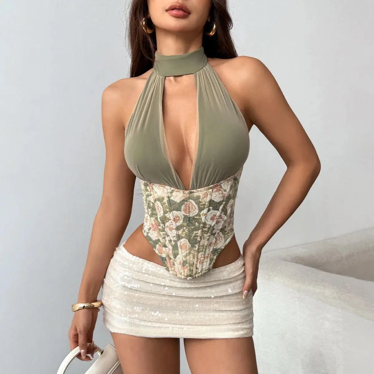 Women Floral Print Halter Corset Top Deep V Mesh Splice Lace Up Irregular Hem Slim Bustier Y2K Nightclub Party Crop Camisole