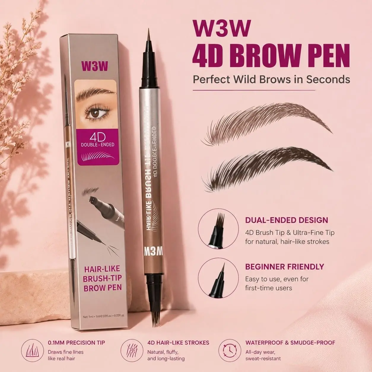 W3W Double-Ended Eyebrow Pen, 4D Natural Hair-like Stroke, Waterproof Sweat-Proof Liquid Brow Pencil, 2-in-1 Brush & Applicator for Defined Arches, Eyebrow Makeup Products, Cosmetic Eyebrow Pencil