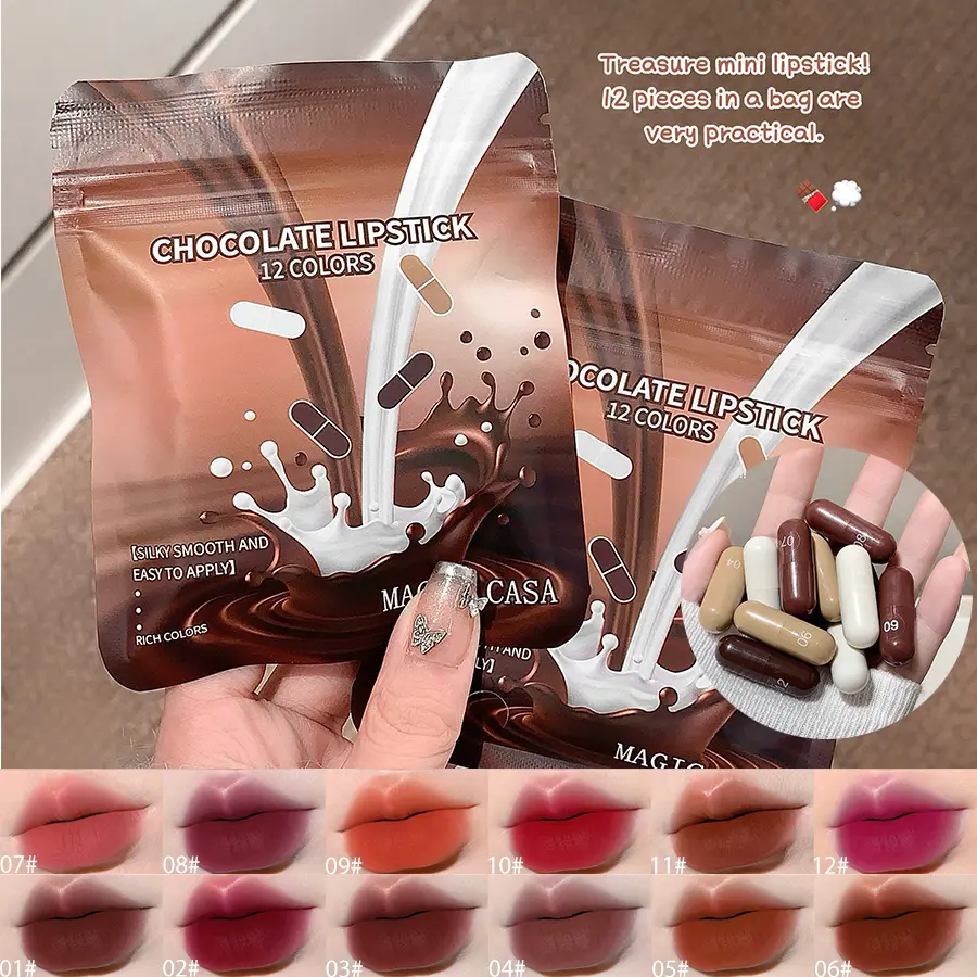 12 Colors Chocolate Capsule Lipstick Set Silky Easy To Apply Mini Pocket Portable Lipstick Rich Shades Daily Lip Cosmetics for Women