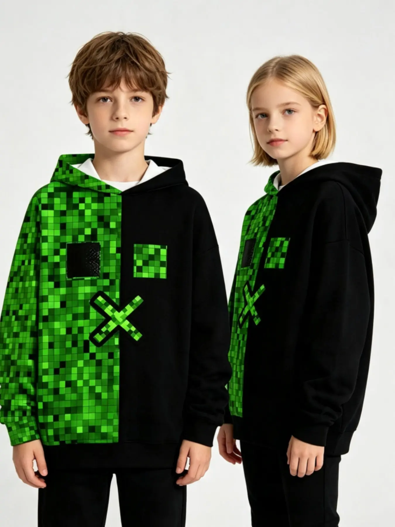 Geometric 3D Print Hooded Sweatshirt, Cartoon Game Elements, Long Sleeve Pullover, Fall Winter Gift, Casual Loose Fit