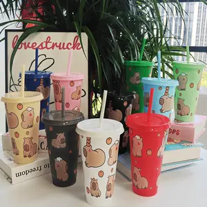 10pcs/24oz/710ml/Plastic Tumblers With Lid And Straw,Iced Coffee Cup,Festival Party Supplies,Delightful Whimsical Capybara And Citrus Fruit Pattern Decor Art For Festive Occasions And Memorable Holiday Gifts