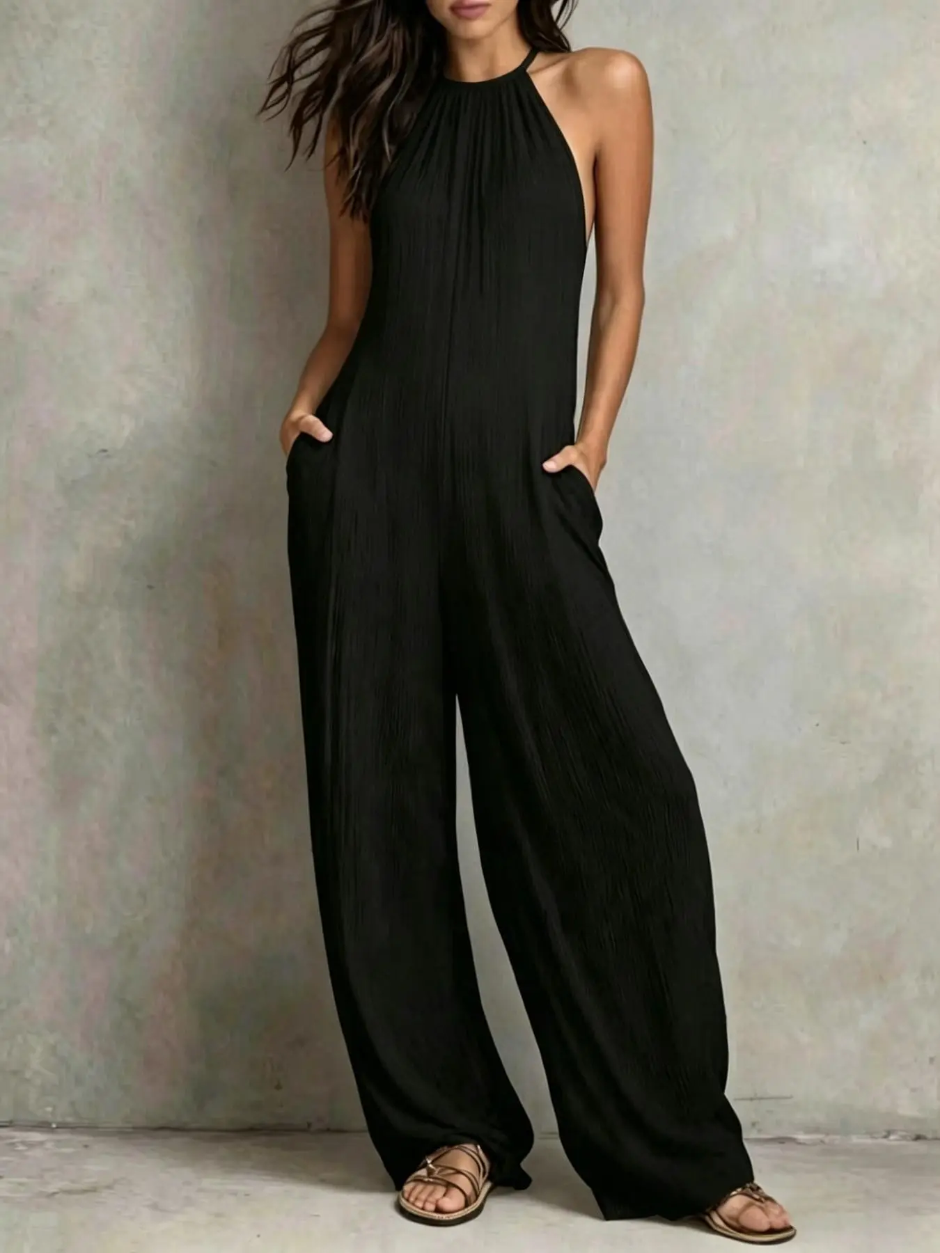 Women's Sexy Halter Neck Tie Backless High Waist Jumpsuit, Wide Leg Pants, Fashionable for Travel and Daily Wear, Stylish